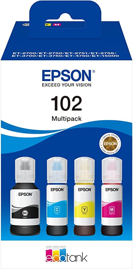 EPSON ORIGINAL - Epson 102 EcoTank Multipack de 4 bouteilles d'encre de marque Noir / Cyan / Magenta / Jaune