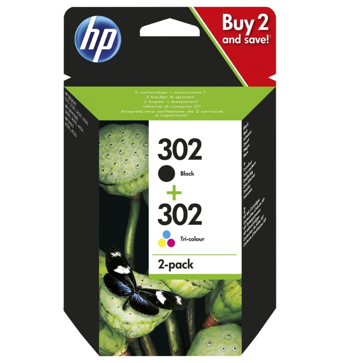 HP ORIGINAL - HP 302 /  X4D37AE Noir + Trois Couleurs Pack de 2 cartouches authentiques (3,5 ml + 4 ml)