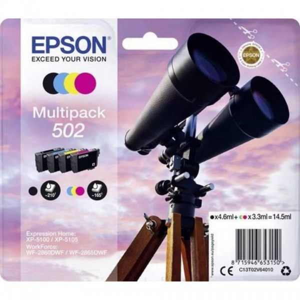 EPSON ORIGINAL - Epson 502 (14,5 ml) Pack de 4 cartouches de marque C13T02V64010 Noir, Cyan, Magenta, Jaune