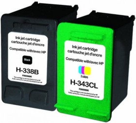 COMPATIBLE HAUT DE GAMME HP - 338 Noire + 343 Couleurs Lot de 2 Cartouches remanufacturées HP Qualité Premium C8765EE / C8766EE